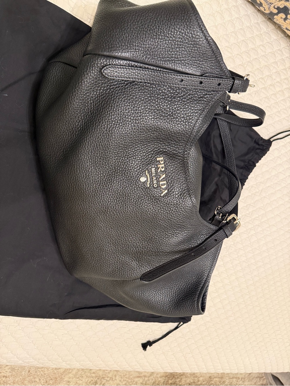 Prada Black Pebbled Leather Shoulder Hobo with Silver Logo